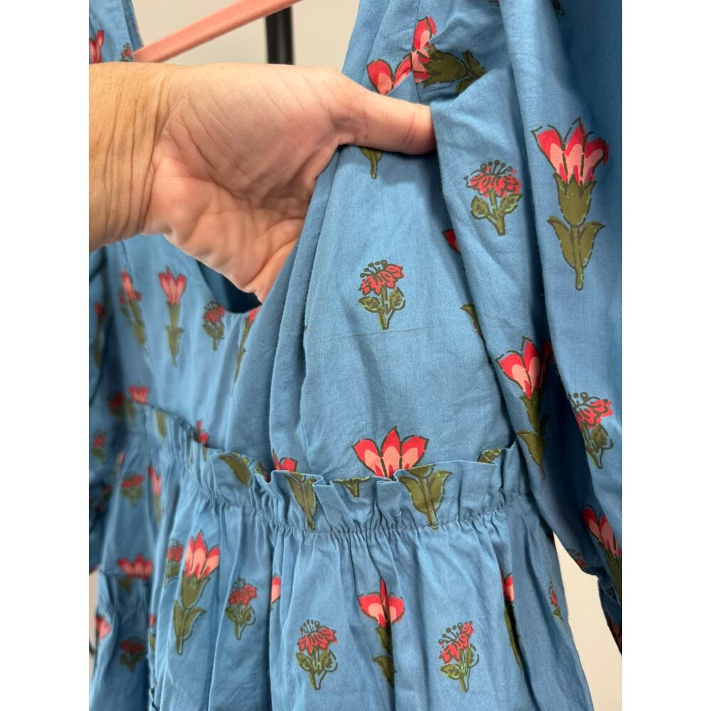 EDDY Julia Puff Sleeve Mini Dress XS French Blue Punch Floral Cotton - Picture 6 of 10